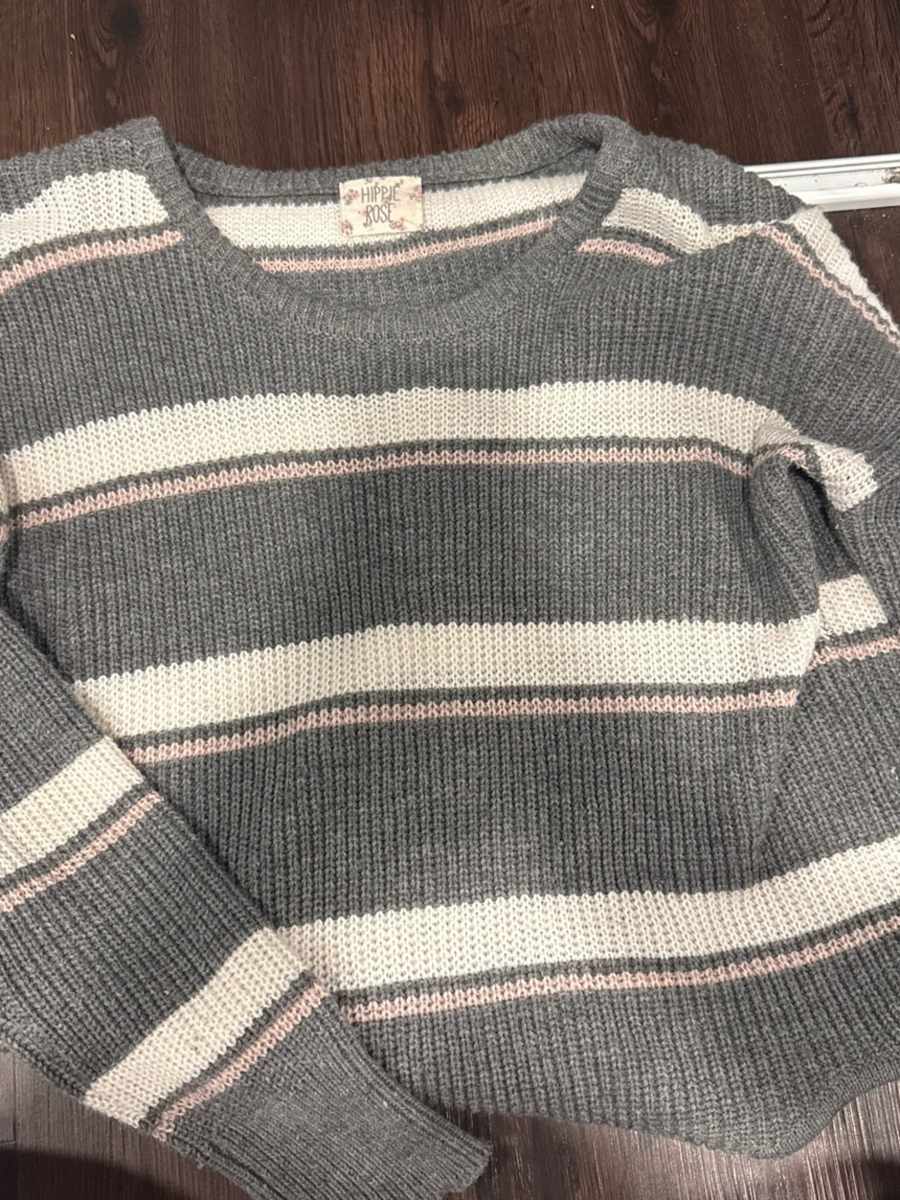 Hippie Rose Gray, Cream & Pink Striped Crewneck Sweater